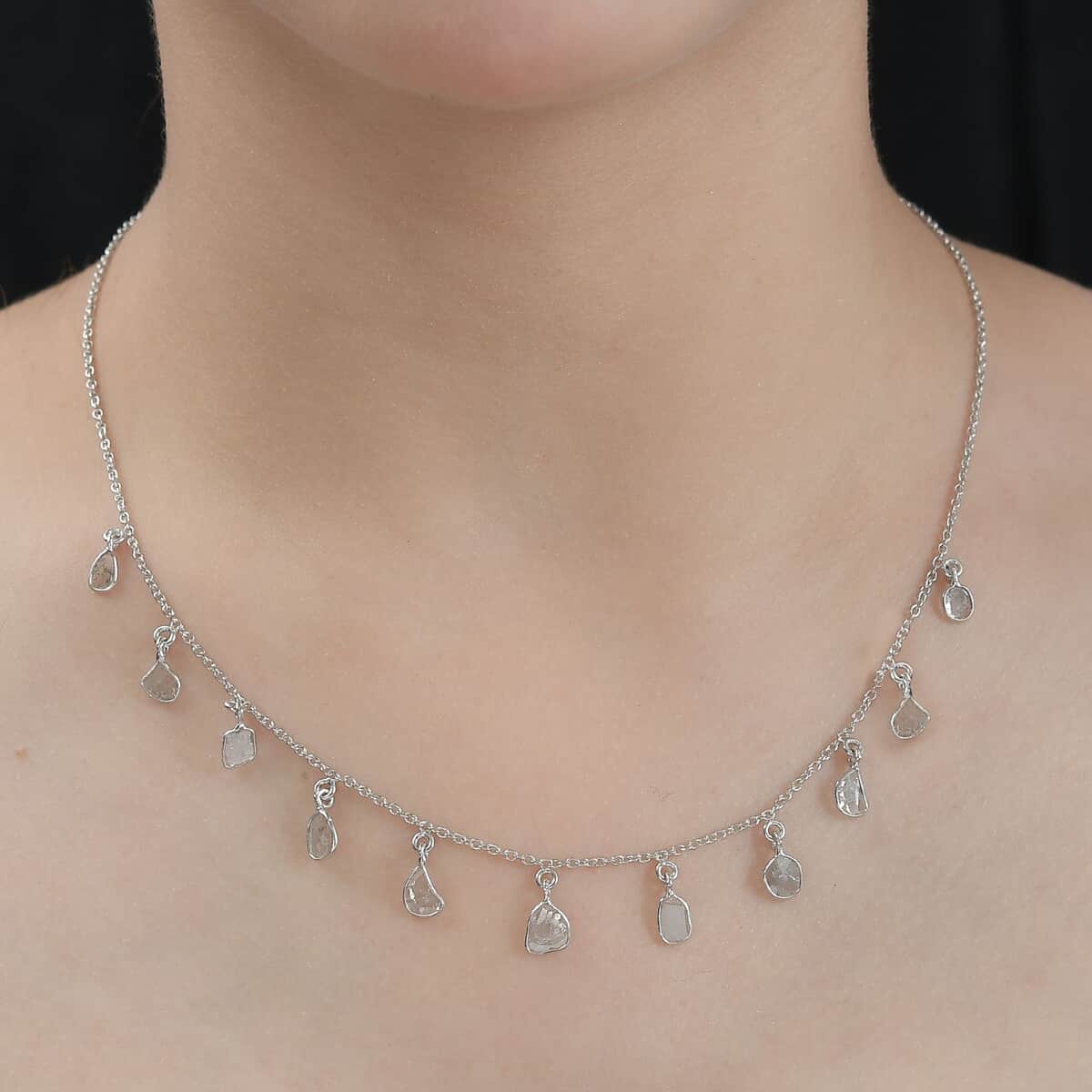 Polki Diamond Drop Station Necklace 18-20 Inches in Platinum Over Sterling Silver 2.00 ctw image number 2