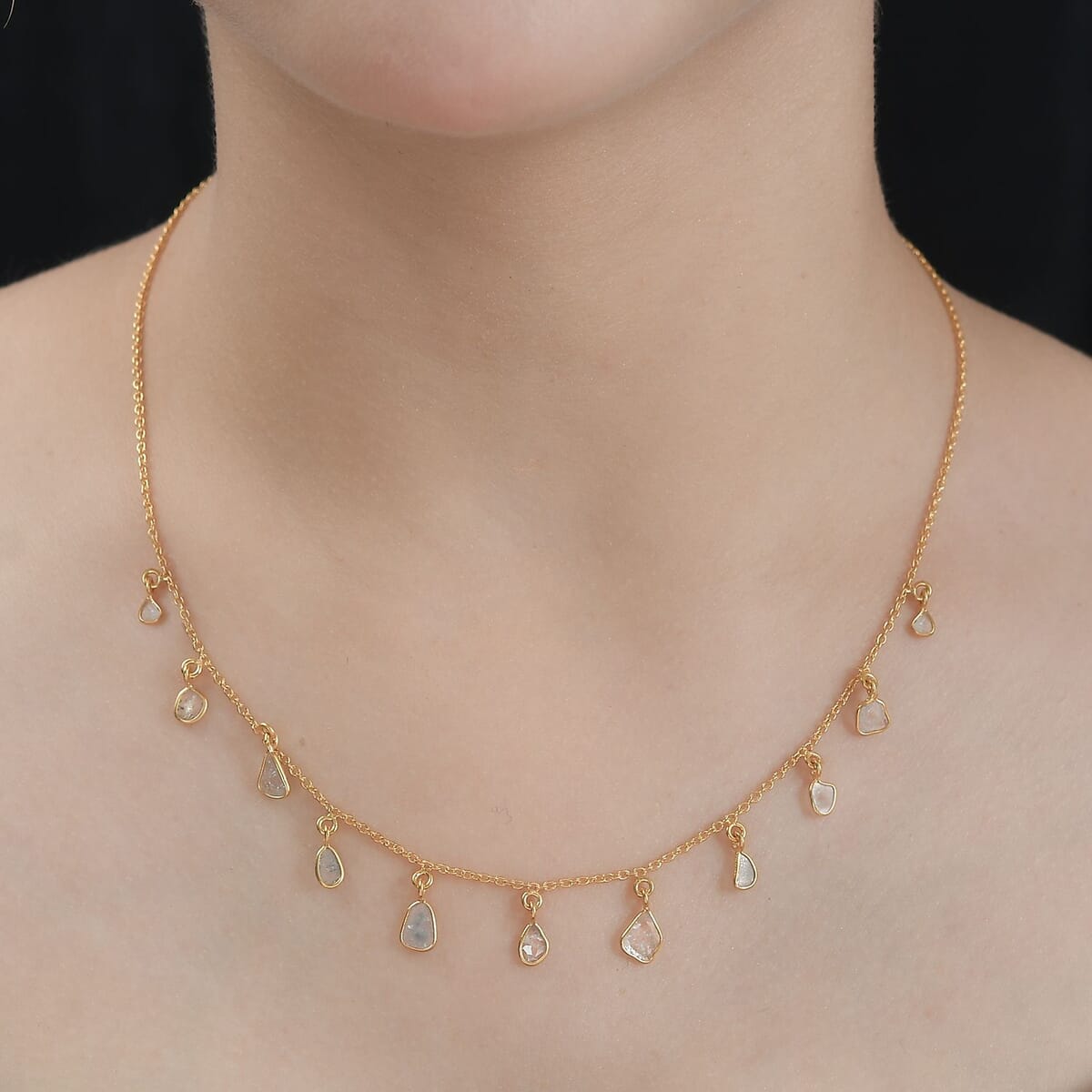 Polki Diamond Drop Station Necklace 18-20 Inches in Vermeil Yellow Gold Over Sterling Silver 2.00 ctw image number 2
