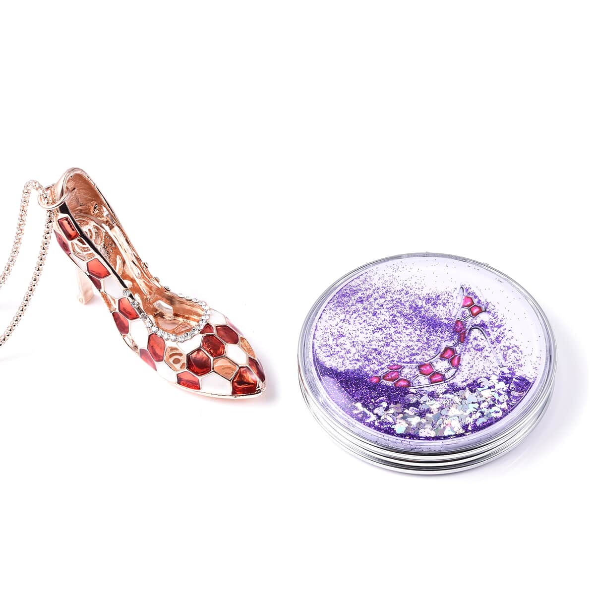 Austrian Crystal, Enameled High Heel Pendant Necklace 29 Inches and Mirror image number 0