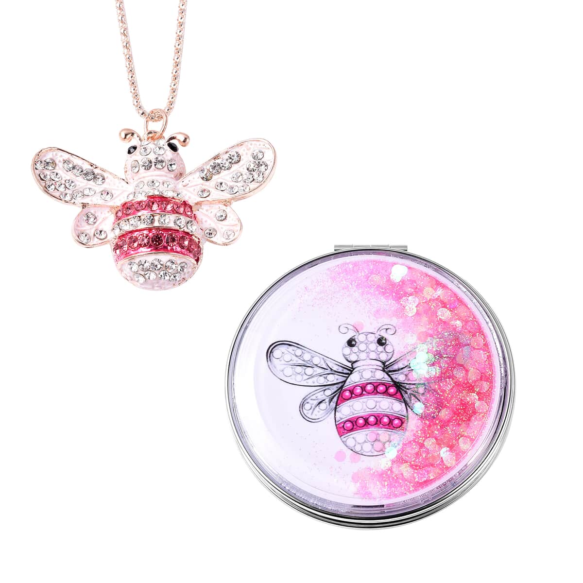 Multi Color Austrian Crystal & Enameled Bee Pendant Necklace 29 Inches and Mirror in Rosetone image number 0