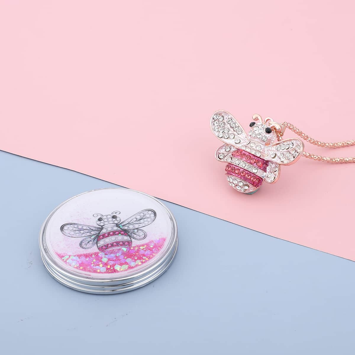 Multi Color Austrian Crystal & Enameled Bee Pendant Necklace 29 Inches and Mirror in Rosetone image number 1