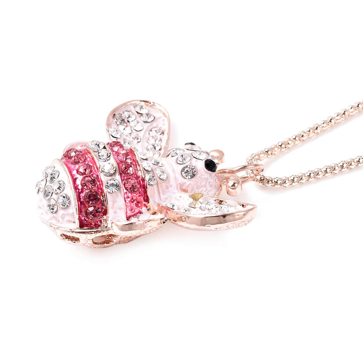 Multi Color Austrian Crystal & Enameled Bee Pendant Necklace 29 Inches and Mirror in Rosetone image number 3