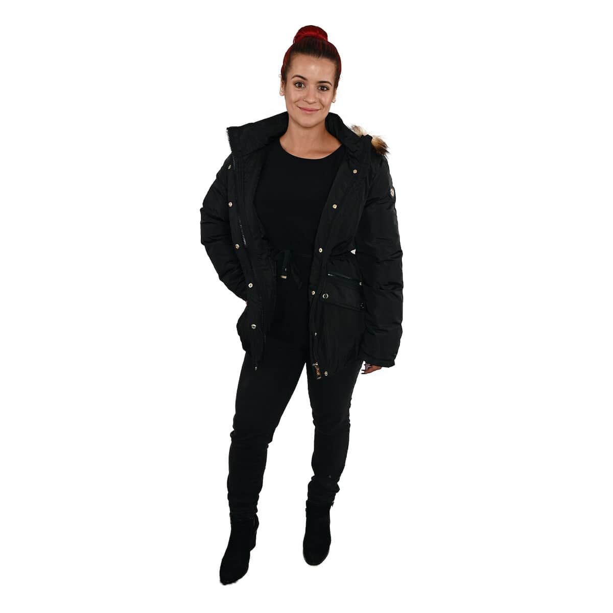 ADRIENNE VITTADINI Black Hooded Parka Jacket For Women with Faux Fur Trim - S (Polyester) image number 0