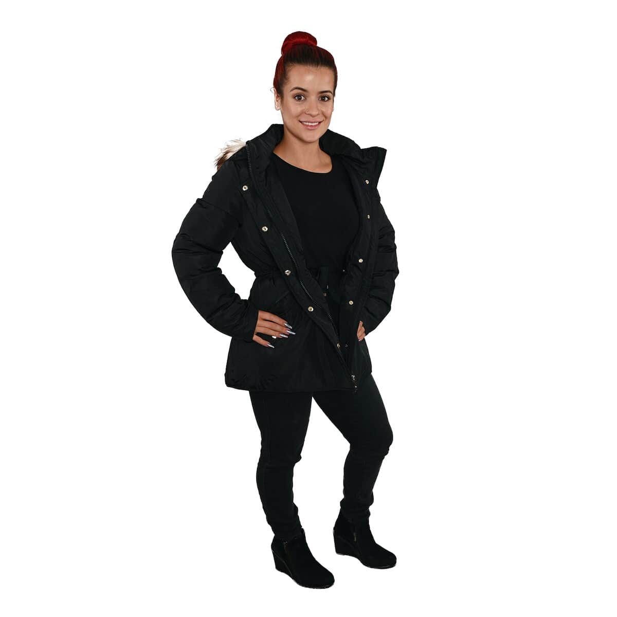 ADRIENNE VITTADINI Black Hooded Parka Jacket For Women with Faux Fur Trim - S (Polyester) image number 1