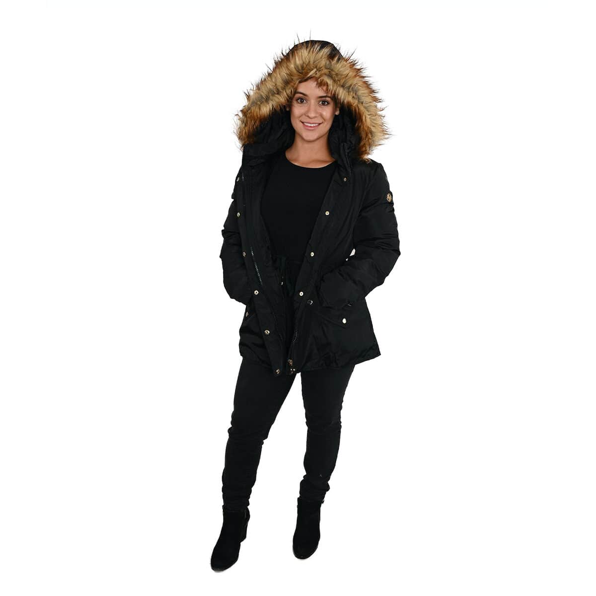 ADRIENNE VITTADINI Black Hooded Parka Jacket For Women with Faux Fur Trim - S (Polyester) image number 2