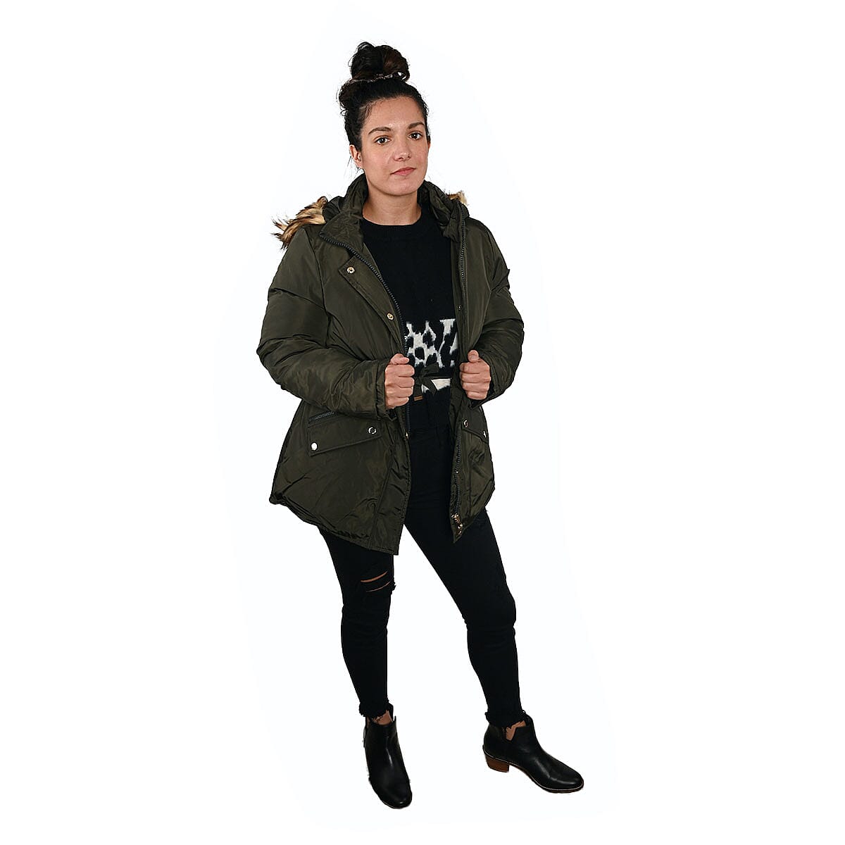 ADRIENNE VITTADINI Olive Green Hooded Parka Jacket For Women with Faux Fur Trim - M (Polyester) image number 1