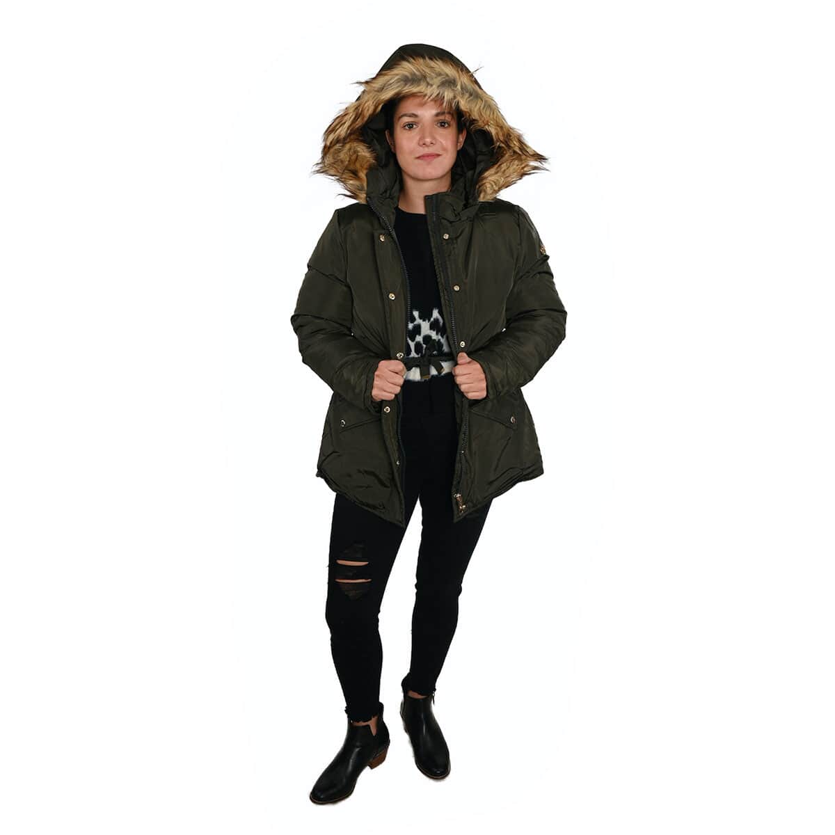 Buy ADRIENNE VITTADINI Olive Green Hooded Parka Jacket For Women with Faux Fur Trim M Polyester at ShopLC