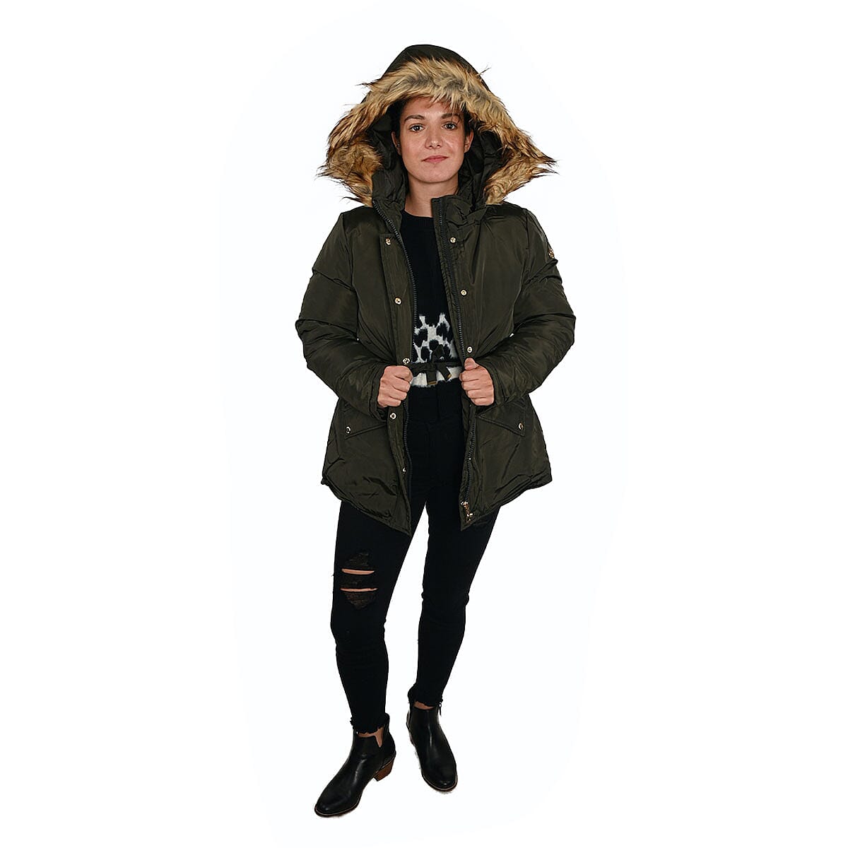 ADRIENNE VITTADINI Olive Green Hooded Parka Jacket For Women with Faux Fur Trim - M (Polyester) image number 2