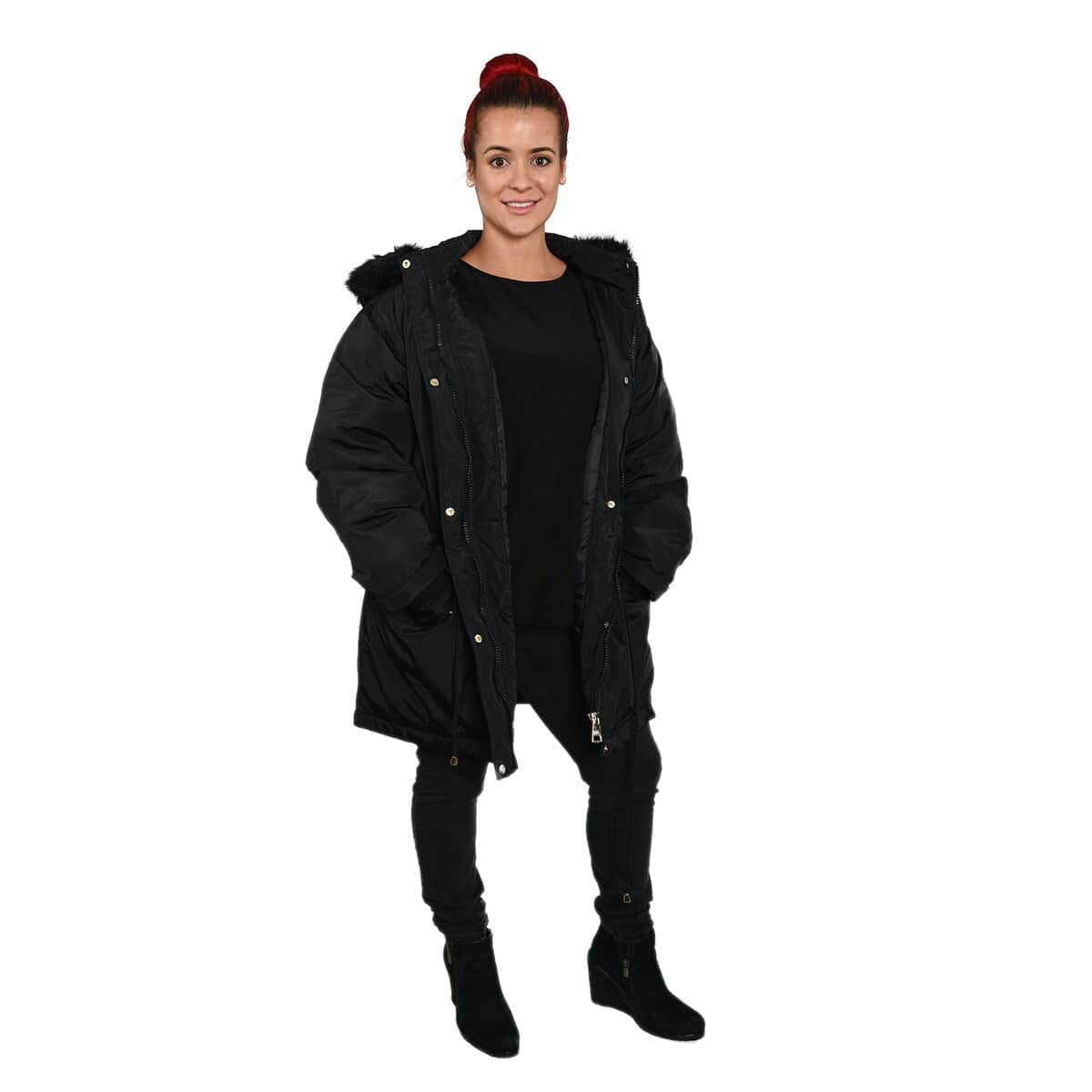 Adrienne Vittadini Hooded Parka with Faux Fur Trim and Ribbed Cuff -Black (XL, Polyester) image number 0