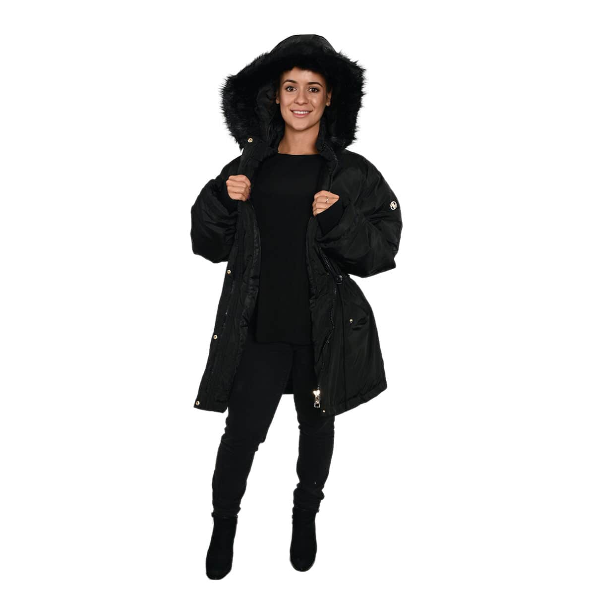 Adrienne Vittadini Hooded Parka with Faux Fur Trim and Ribbed Cuff -Black (XL, Polyester) image number 2