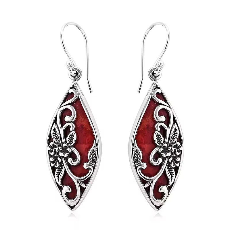 Bali Legacy Sponge Coral Dangle Drop Earrings in Sterling Silver, Carved Flower Earrings, Silver Jewelry For Women