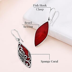 Bali Legacy Sponge Coral Dangle Drop Earrings in Sterling Silver, Carved Flower Earrings, Silver Jewelry For Women