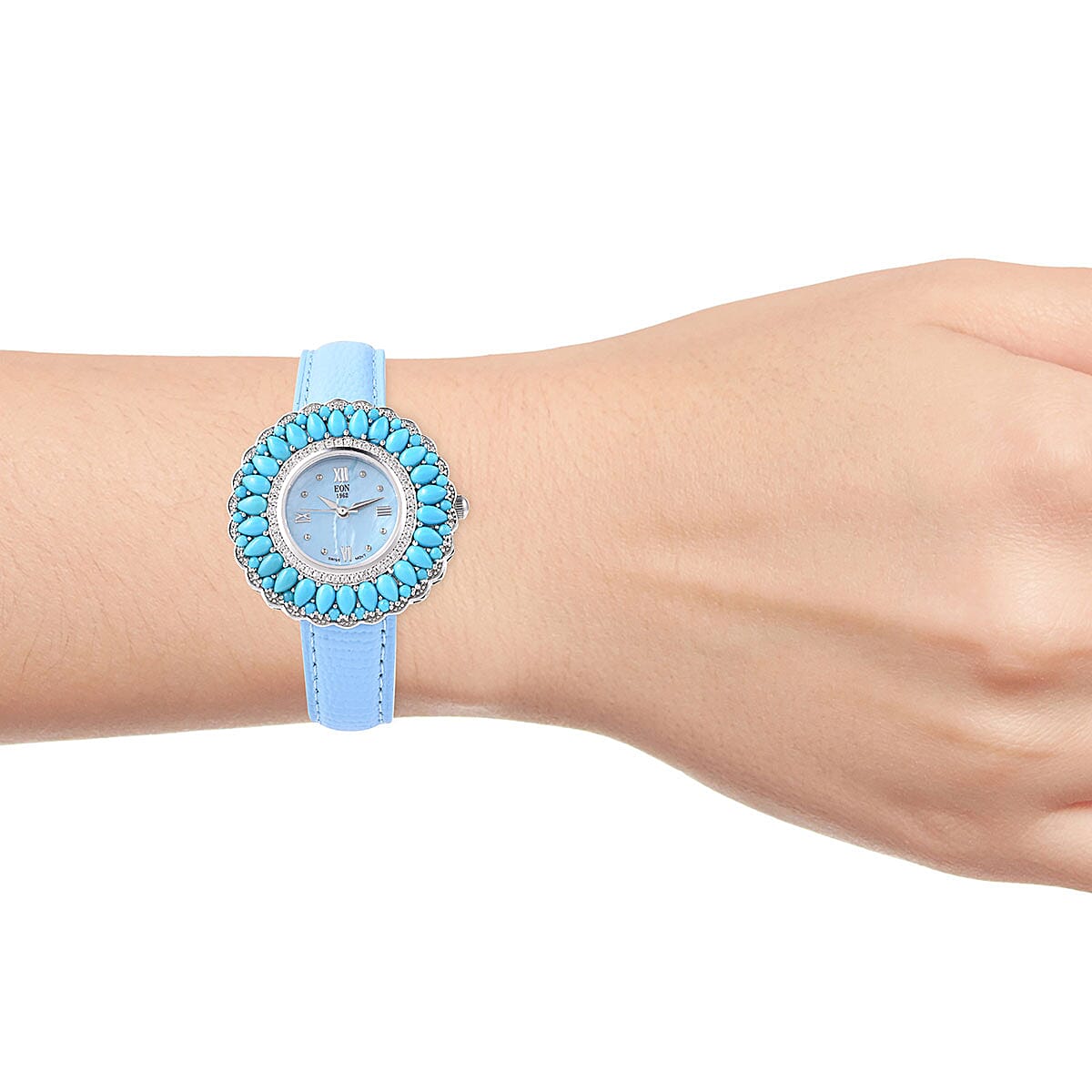 Eon 1962 Sleeping Beauty Turquoise and Zircon Swiss Movement Watch in Sterling Silver with Genuine Leather Band 9.24 ctw image number 1