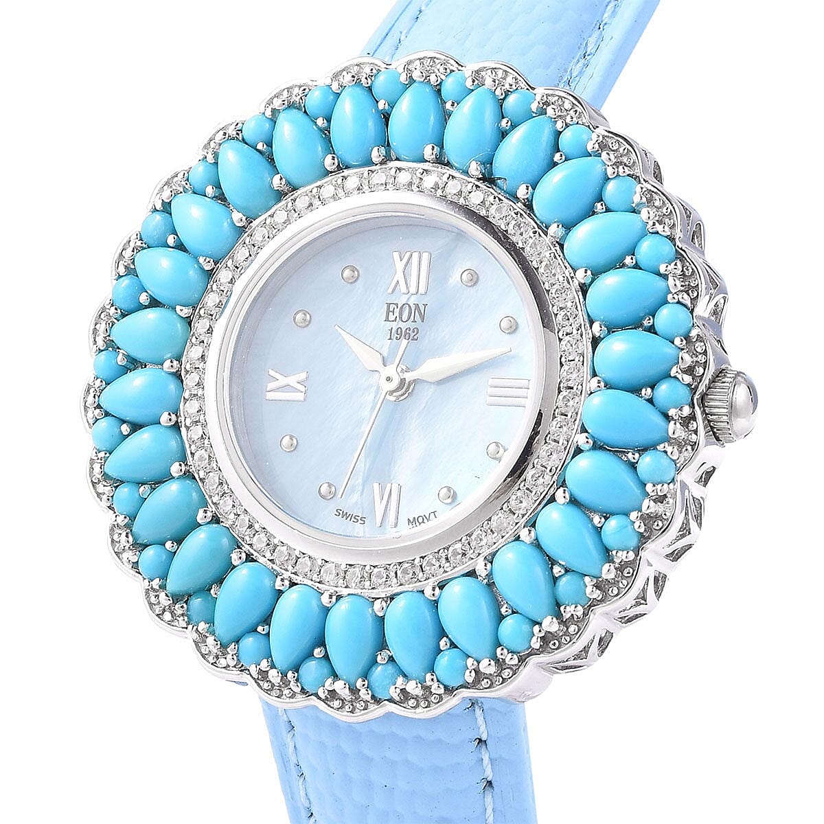 Eon 1962 Sleeping Beauty Turquoise and Zircon Swiss Movement Watch in Sterling Silver with Genuine Leather Band 9.24 ctw image number 2