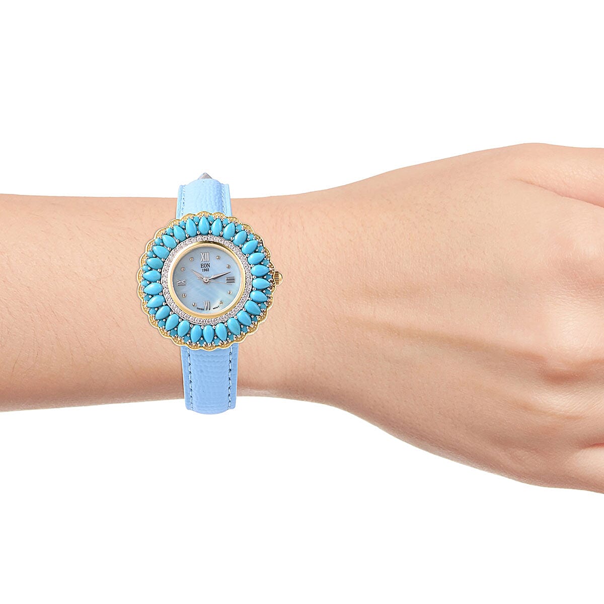 Eon 1962 Mined in Sleeping Beauty Turquoise, White Zircon Swiss Movement Watch in 14K YG Over Sterling Silver with Genuine Leather Band and Stainless Steel Back 9.24 ctw | Designer Leather Watch | Analog Luxury Wristwatch image number 1