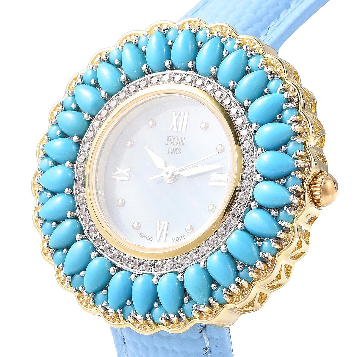 Eon 1962 Mined in Sleeping Beauty Turquoise, White Zircon Swiss Movement Watch in 14K YG Over Sterling Silver with Genuine Leather Band and Stainless Steel Back 9.24 ctw | Designer Leather Watch | Analog Luxury Wristwatch image number 2