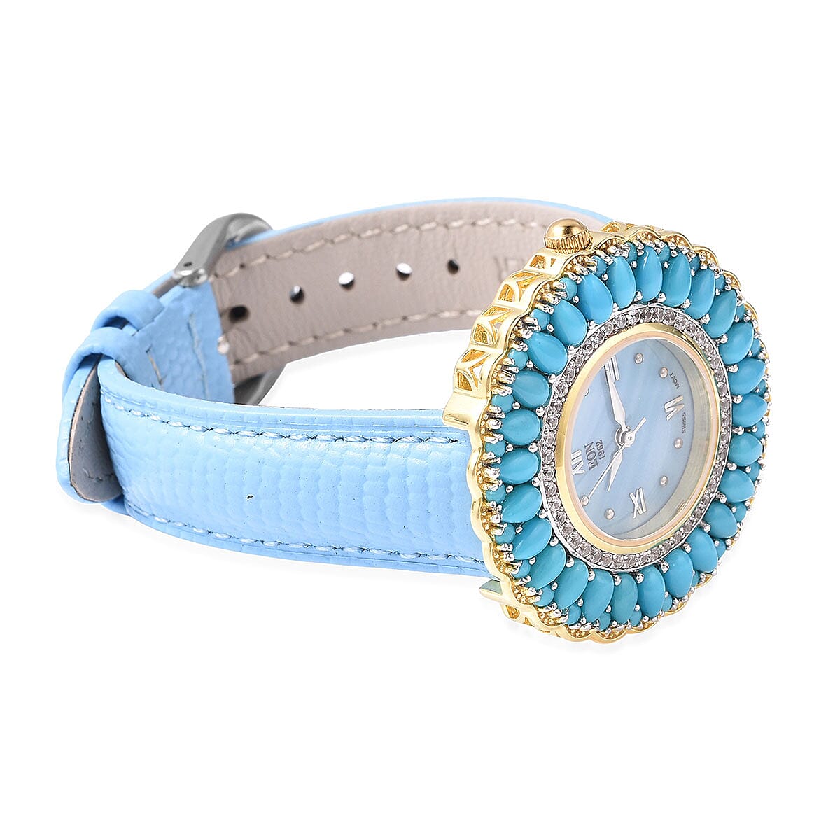 Eon 1962 Mined in Sleeping Beauty Turquoise, White Zircon Swiss Movement Watch in 14K YG Over Sterling Silver with Genuine Leather Band and Stainless Steel Back 9.24 ctw | Designer Leather Watch | Analog Luxury Wristwatch image number 3