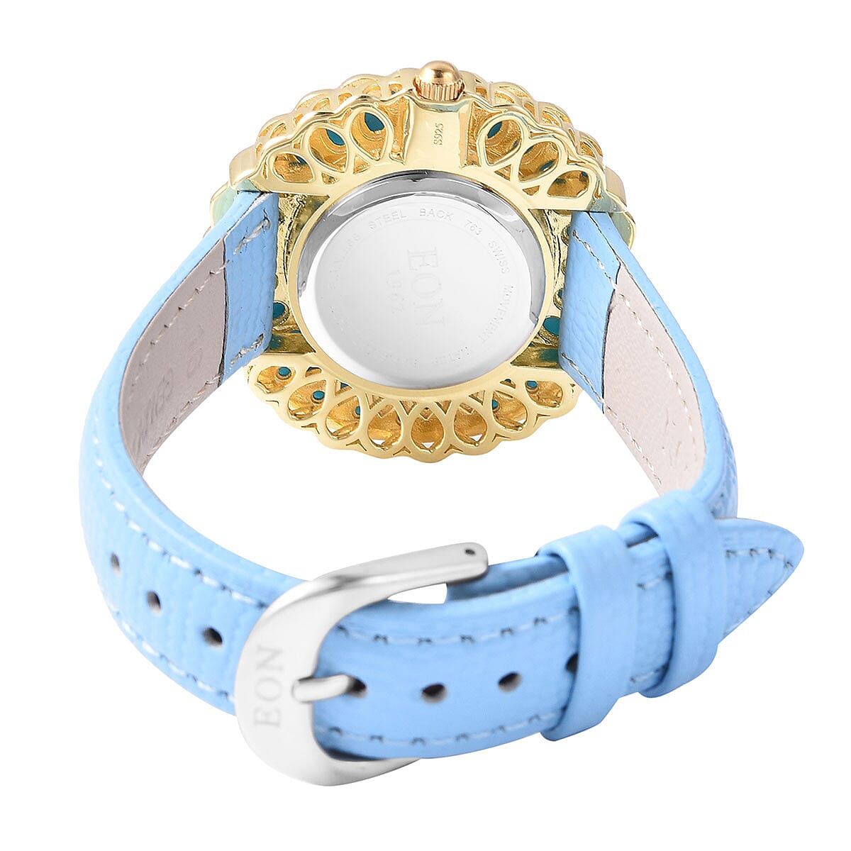 Eon 1962 Mined in Sleeping Beauty Turquoise, White Zircon Swiss Movement Watch in 14K YG Over Sterling Silver with Genuine Leather Band and Stainless Steel Back 9.24 ctw | Designer Leather Watch | Analog Luxury Wristwatch image number 4