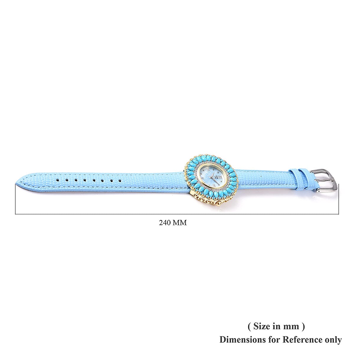 Eon 1962 Mined in Sleeping Beauty Turquoise, White Zircon Swiss Movement Watch in 14K YG Over Sterling Silver with Genuine Leather Band and Stainless Steel Back 9.24 ctw | Designer Leather Watch | Analog Luxury Wristwatch image number 5