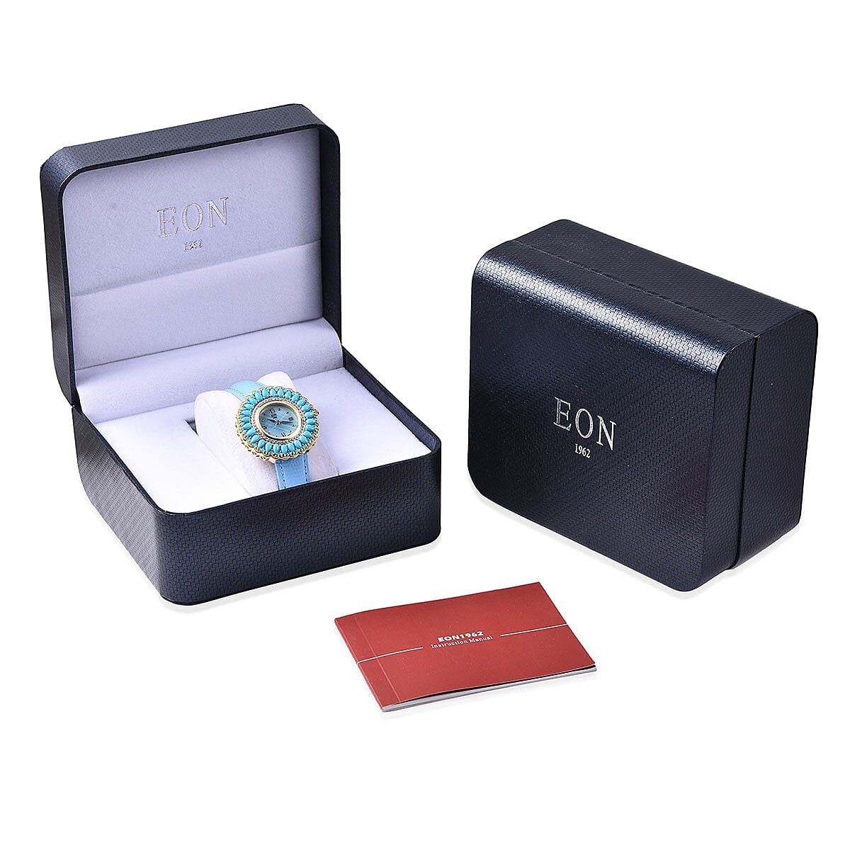 Eon 1962 Mined in Sleeping Beauty Turquoise, White Zircon Swiss Movement Watch in 14K YG Over Sterling Silver with Genuine Leather Band and Stainless Steel Back 9.24 ctw | Designer Leather Watch | Analog Luxury Wristwatch image number 6
