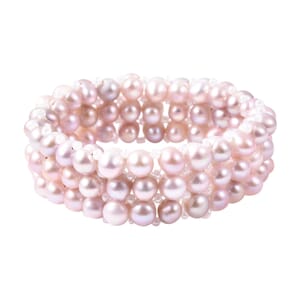 Purple Freshwater Pearl Three Row Beaded Stretch Bracelet
