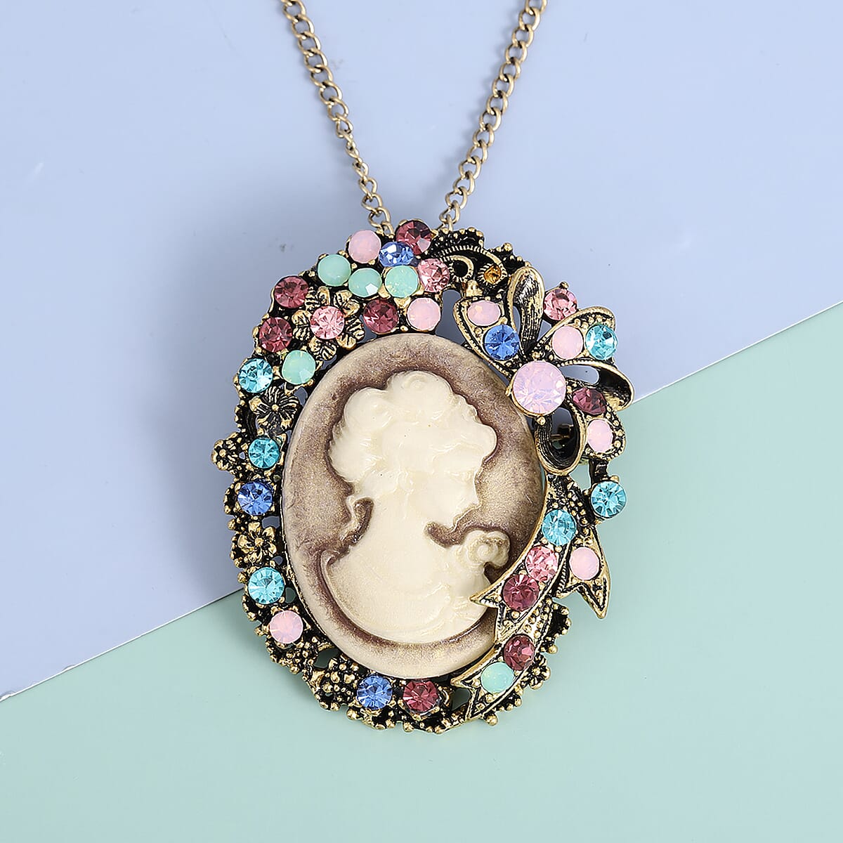 Cameo and Multi Color Austrian Crystal Pendant Necklace 24-26 Inches in Goldtone image number 1
