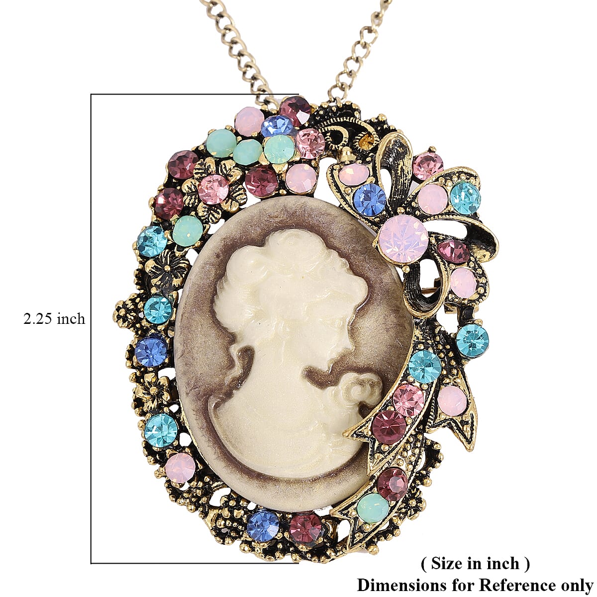 Cameo and Multi Color Austrian Crystal Pendant Necklace 24-26 Inches in Goldtone image number 4
