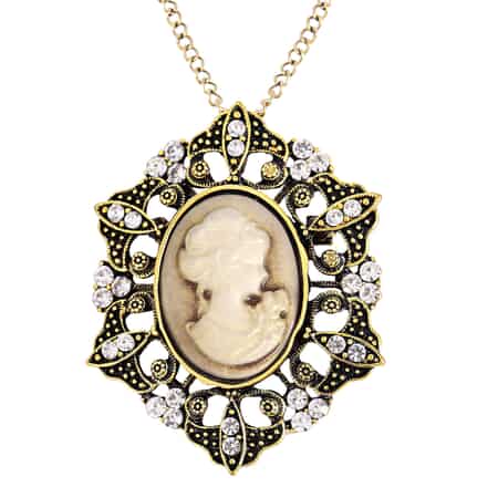 Cameo and White Austrian Crystal Pendant Necklace 24-26 Inches in Goldtone image number 0