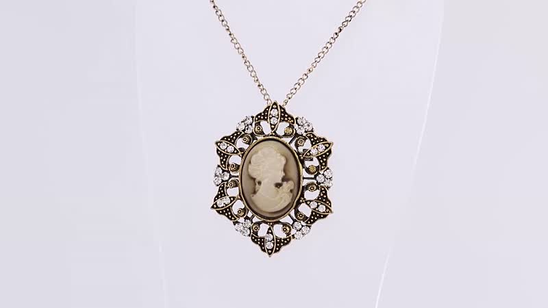 Cameo and White Austrian Crystal Pendant Necklace 24 Inches in Goldtone
