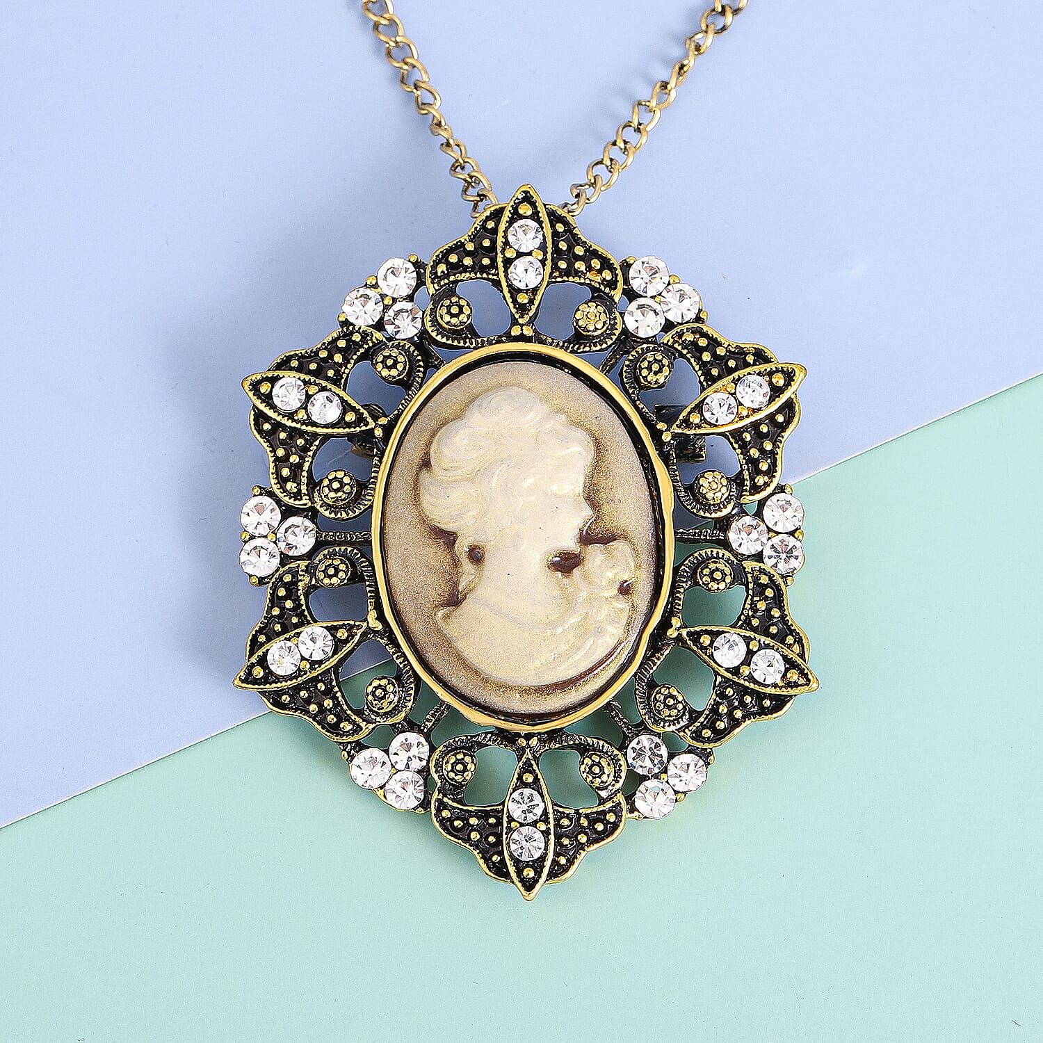 Cameo and White Austrian Crystal Pendant Necklace 24-26 Inches in Goldtone