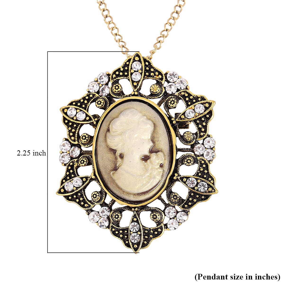 Cameo and White Austrian Crystal Pendant Necklace 24-26 Inches in Goldtone