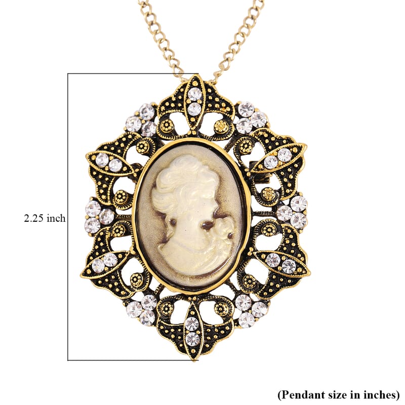 Cameo and White Austrian Crystal Pendant Necklace 24-26 Inches in Goldtone