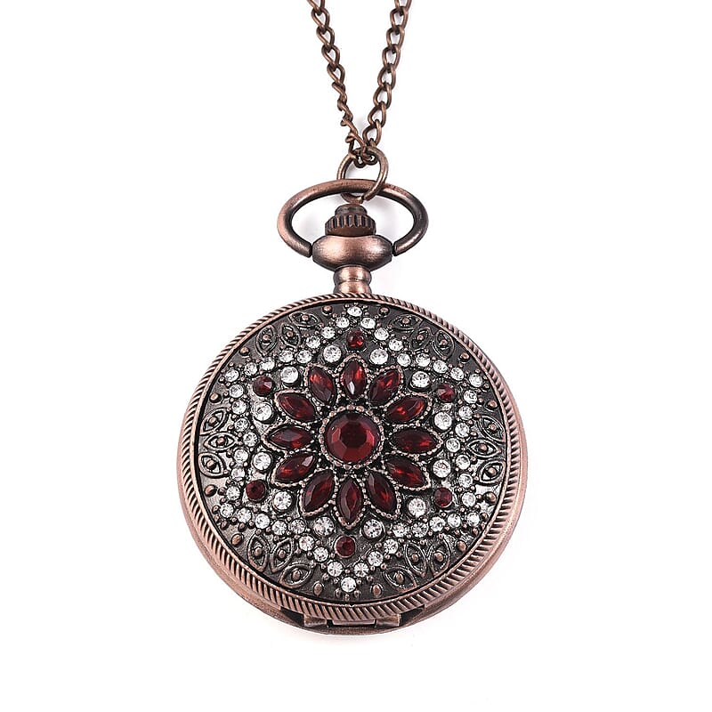 Strada Red Glass, Austrian Crystal Japanese Movement Pocket Watch with Chain 28-31 Inches in Rosetone