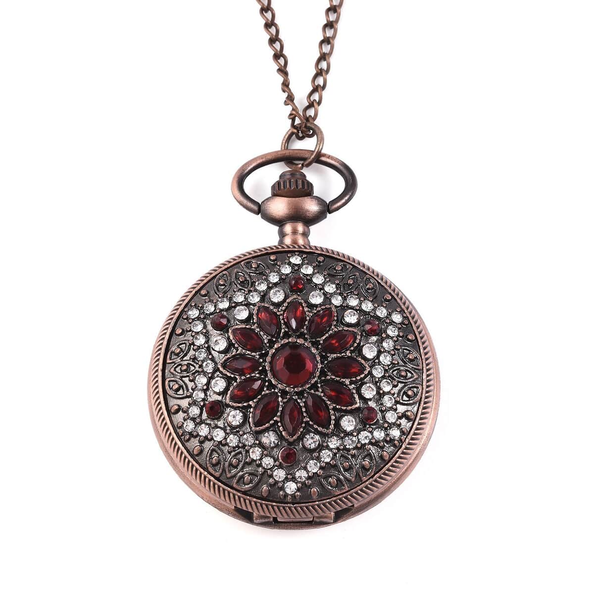 STRADA Red Glass, Austrian Crystal Japanese Movement Pocket Watch with Chain (31 Inches) in Rosetone image number 0