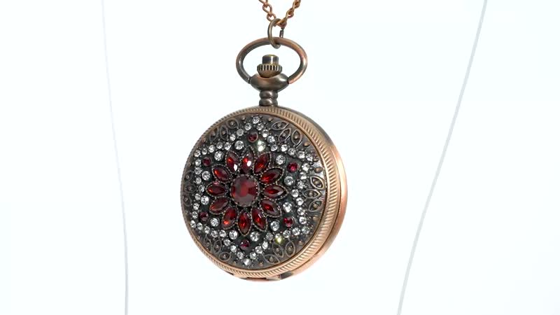 STRADA Red Glass, Austrian Crystal Japanese Movement Pocket Watch with Chain (31 Inches) in Rosetone