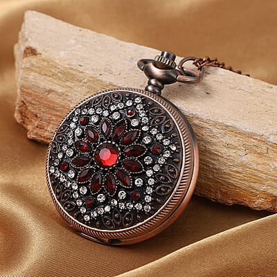 Strada Red Glass, Austrian Crystal Japanese Movement Pocket Watch with Chain 28-31 Inches in Rosetone