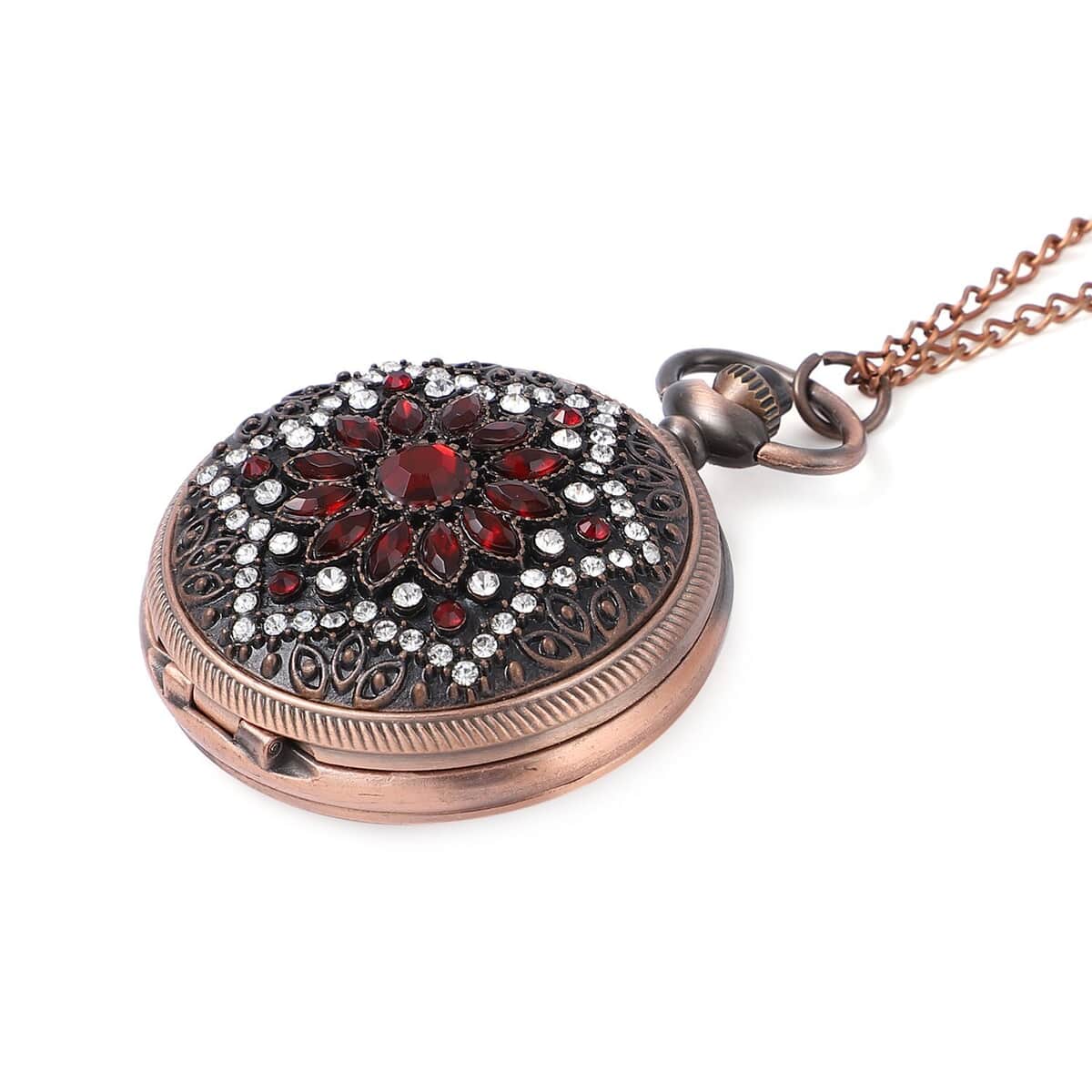 Strada Red Glass, Austrian Crystal Japanese Movement Pocket Watch with Chain 28-31 Inches in Rosetone image number 2