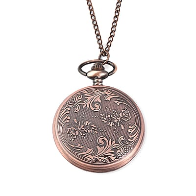 Strada Red Glass, Austrian Crystal Japanese Movement Pocket Watch with Chain 28-31 Inches in Rosetone