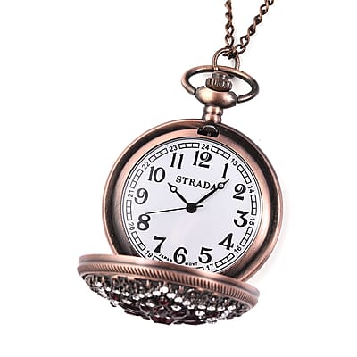 Strada Red Glass, Austrian Crystal Japanese Movement Pocket Watch with Chain 28-31 Inches in Rosetone