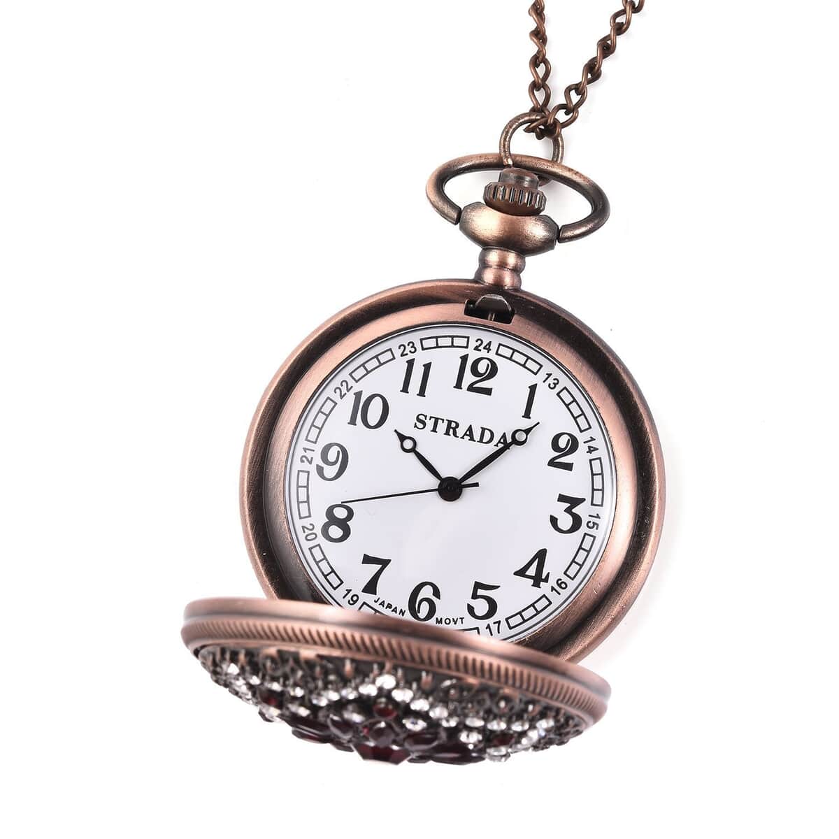 Strada Red Glass, Austrian Crystal Japanese Movement Pocket Watch with Chain 28-31 Inches in Rosetone image number 4