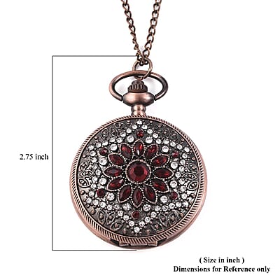 Strada Red Glass, Austrian Crystal Japanese Movement Pocket Watch with Chain 28-31 Inches in Rosetone