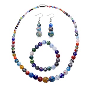 Multi Color Murano Style Beaded Stretch Bracelet, Earrings and Necklace in Silvertone and Stainless Steel, Beads Jewelry Set, Birthday Gift For Her (20.00 In)