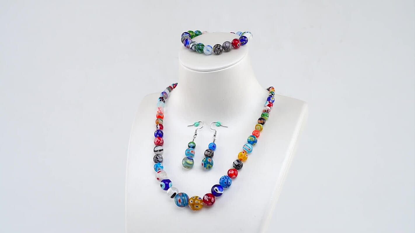 Multi Color Murano Style Beads Stretch Bracelet, Earrings and Necklace in Silvertone and Stainless Steel (20.00 In)