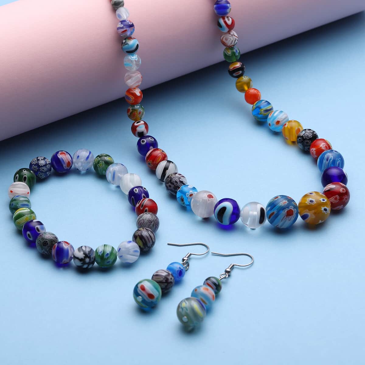 Multi Color Murano Style Beaded Stretch Bracelet, Earrings and Necklace in Silvertone and Stainless Steel, Beads Jewelry Set, Birthday Gift For Her (20.00 In) image number 1