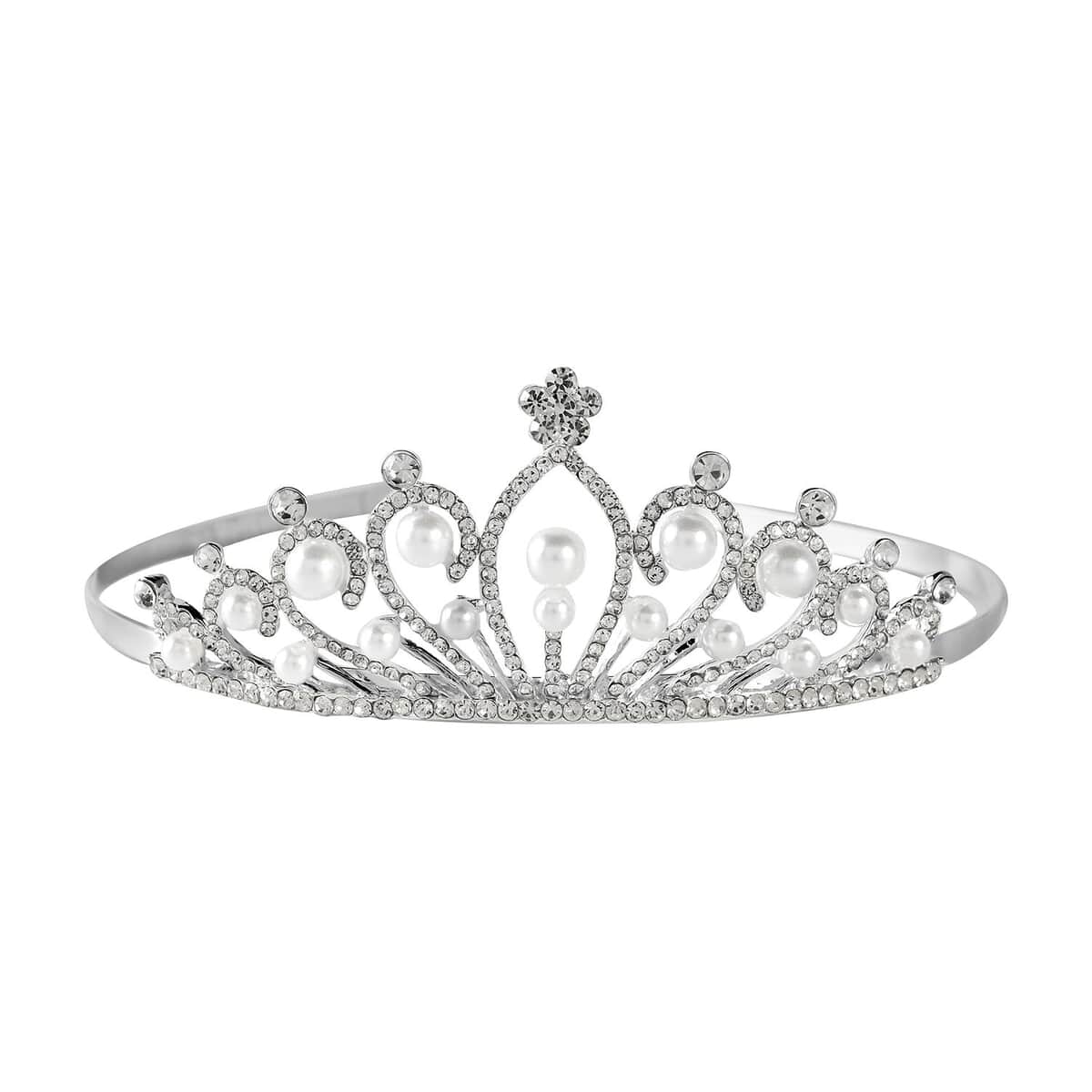 White Austrian Crystal, Pearl Beaded Crown Tiara in Silvertone image number 0