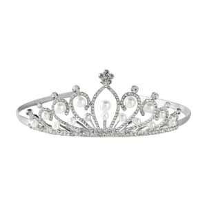 White Austrian Crystal, Pearl Beaded Crown Tiara in Silvertone