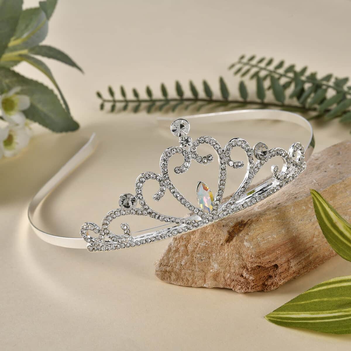 White Austrian Crystal, Pearl Beaded Crown Tiara in Silvertone image number 1