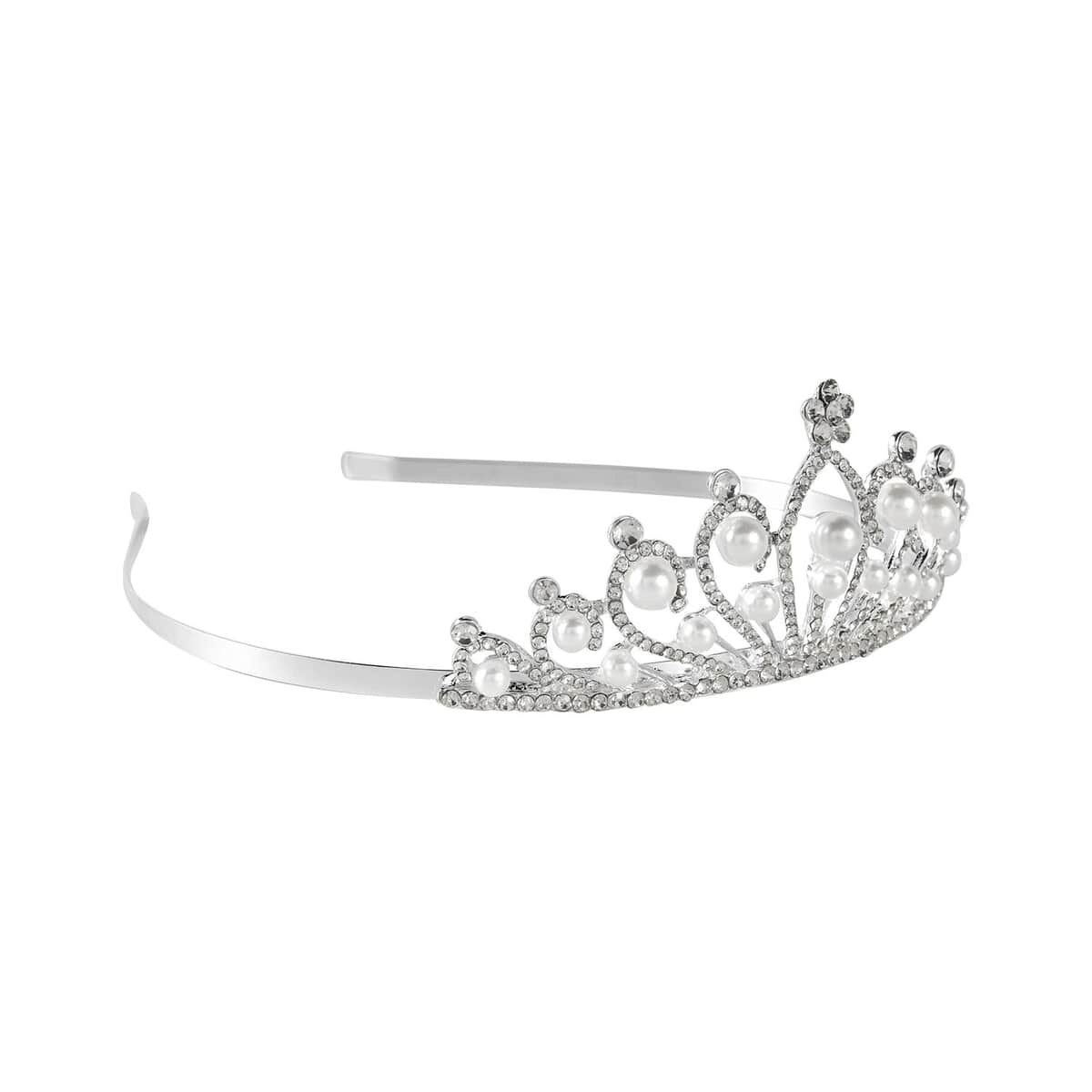 White Austrian Crystal, Pearl Beaded Crown Tiara in Silvertone image number 2