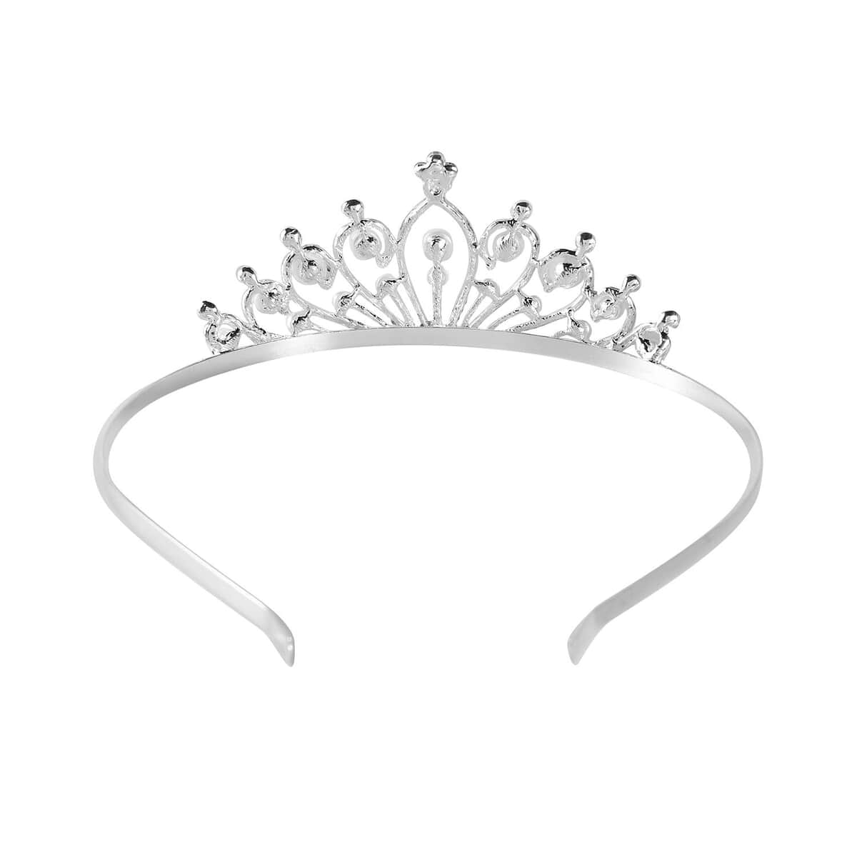 White Austrian Crystal, Pearl Beaded Crown Tiara in Silvertone image number 3