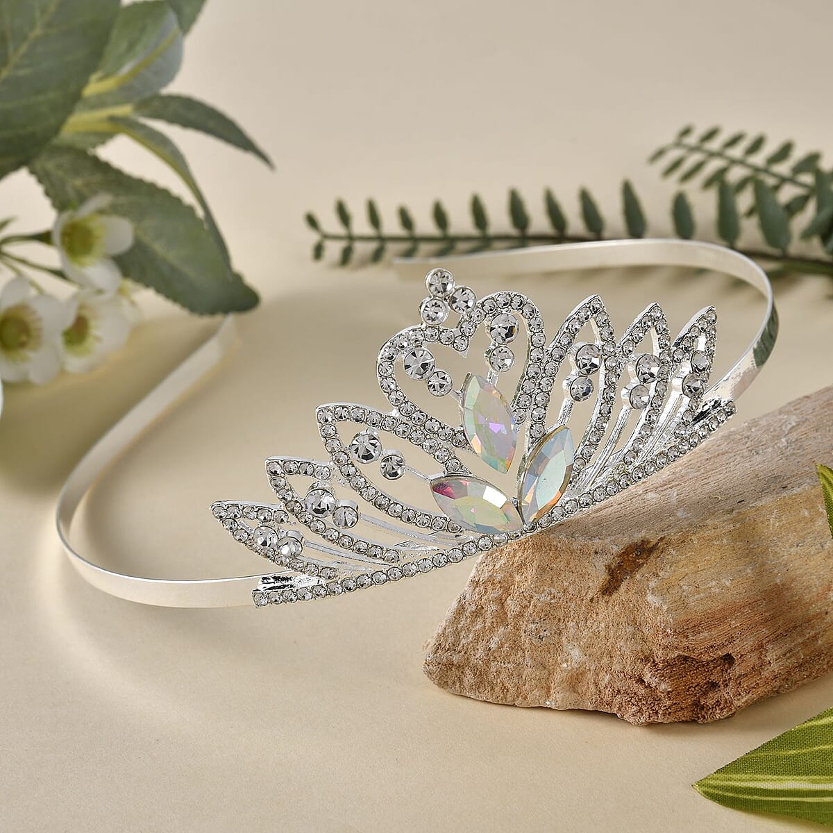 Buy White Austrian Crystal, Glass Crown Tiara in Silvertone 